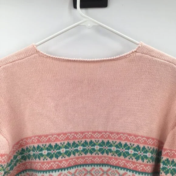 Vintage Womens 1990s Fair Isles Nordic Christmas Sweater Pink Green Cotton Soft - Picture 5 of 11